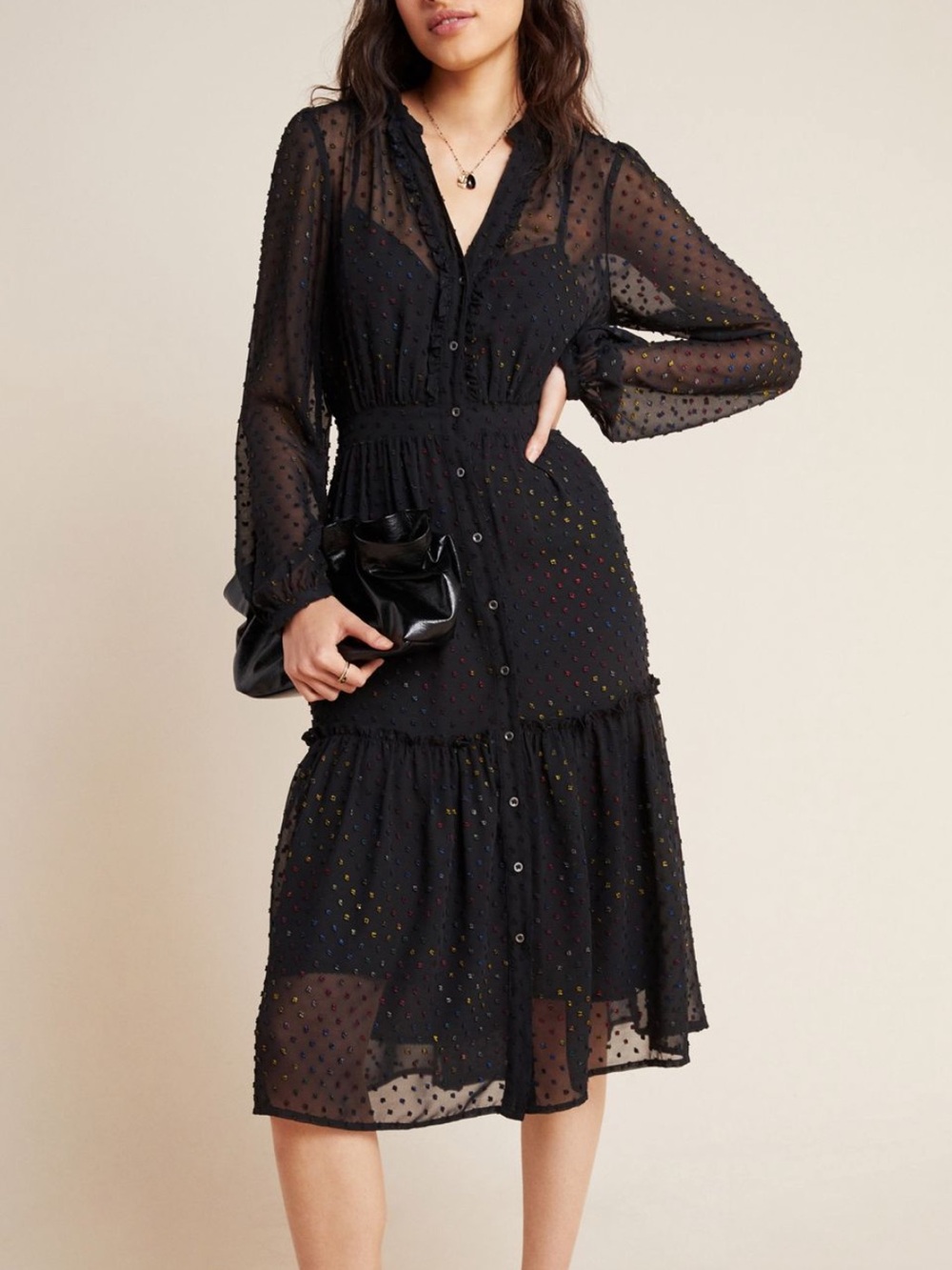 Anthropologie Size 6 Audrey Black Chiffon Rainbow Clip Dot Midi Shirt Dress